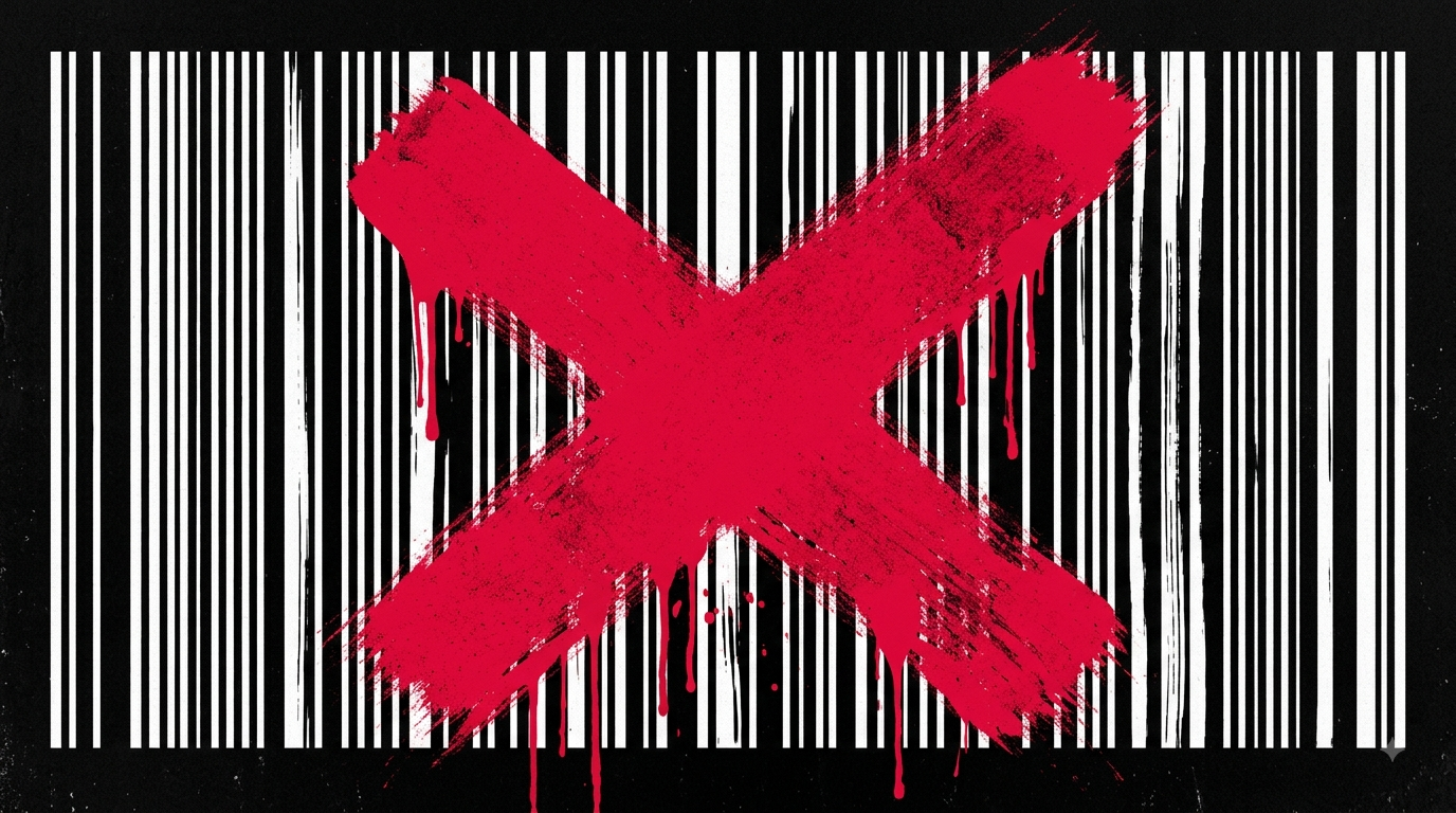A dripping X painted across a barcode