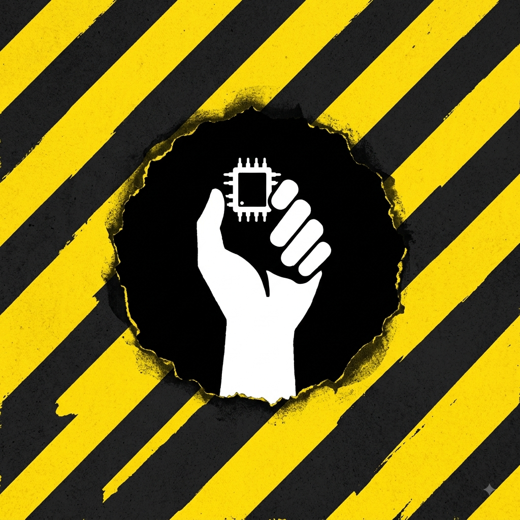 A fist rising through torn hazard tape, holding a microchip