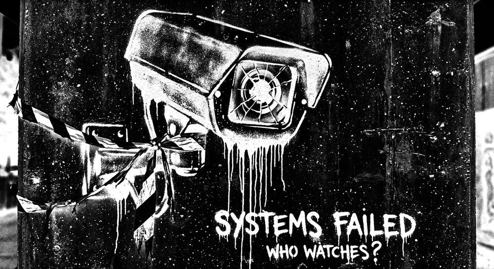 Stencil art of a cracked CCTV camera dripping paint
