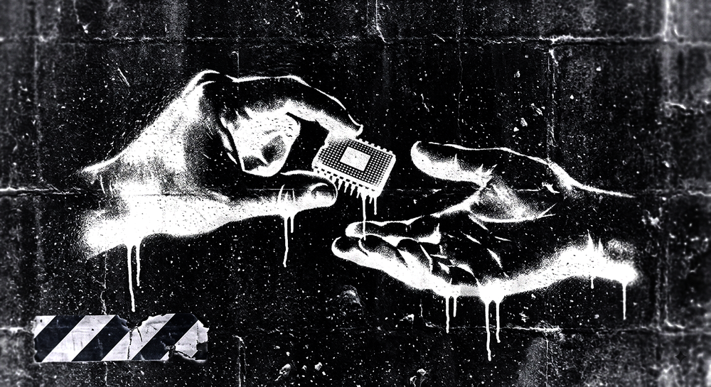 Stencil art of two hands exchanging a computer chip