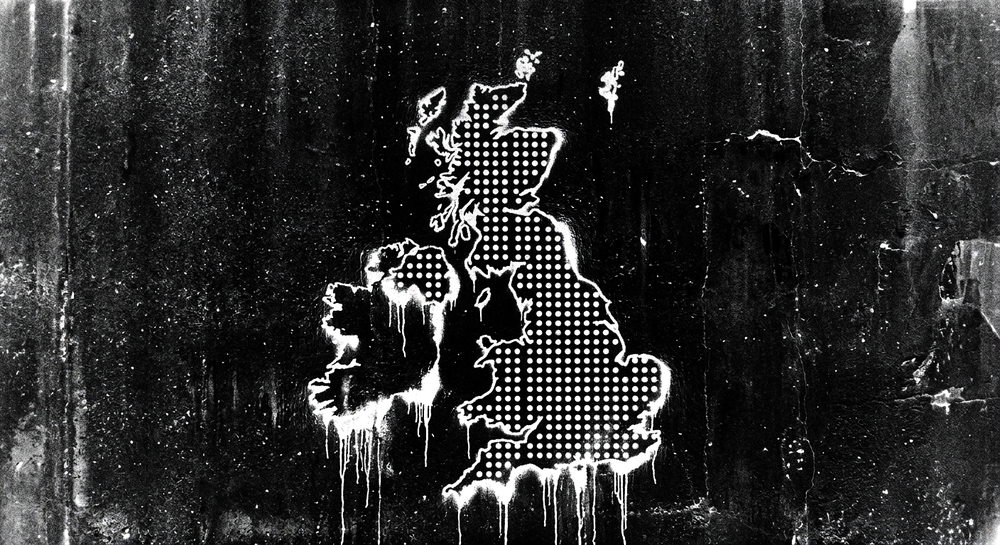 Stencil art of the UK filled with dot markers like a radar screen